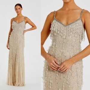 Mac Duggal NEW Beige V-Neck Column Gown with Fringe Embellishments $698 - Size 2